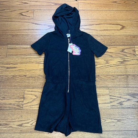 Yitty Black Rayon Y2K Vintage Short Sleeve Hoodie Romper b8 - Picture 1 of 5